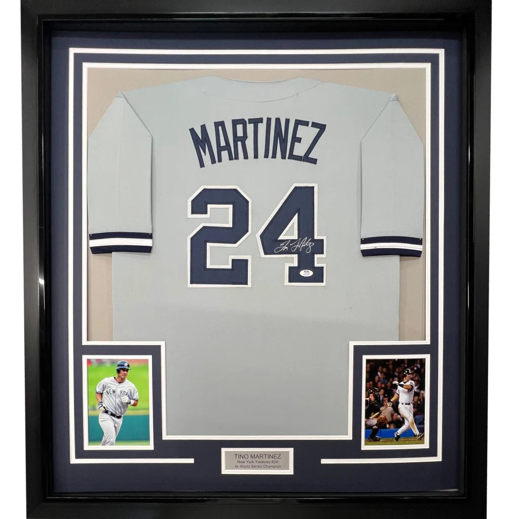 Framed Tino Martinez autographed Yankees jersey with photos and plaque for wall decor