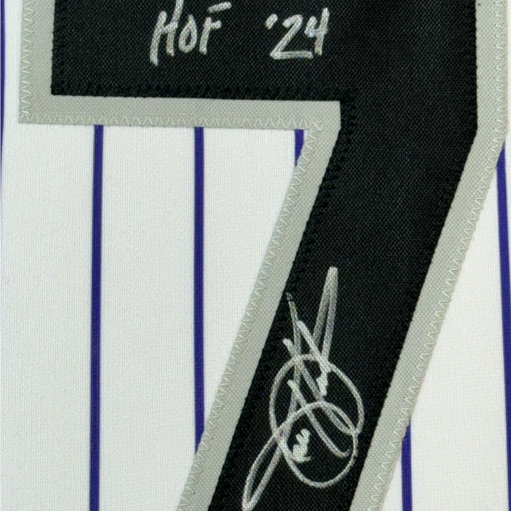 Framed Autographed Todd Helton HOF 24 35x39 Colorado Pinstripe Baseball Jersey Tristar COA | Certified Authentic Signed Memorabilia | vintageantiquesgifts.com