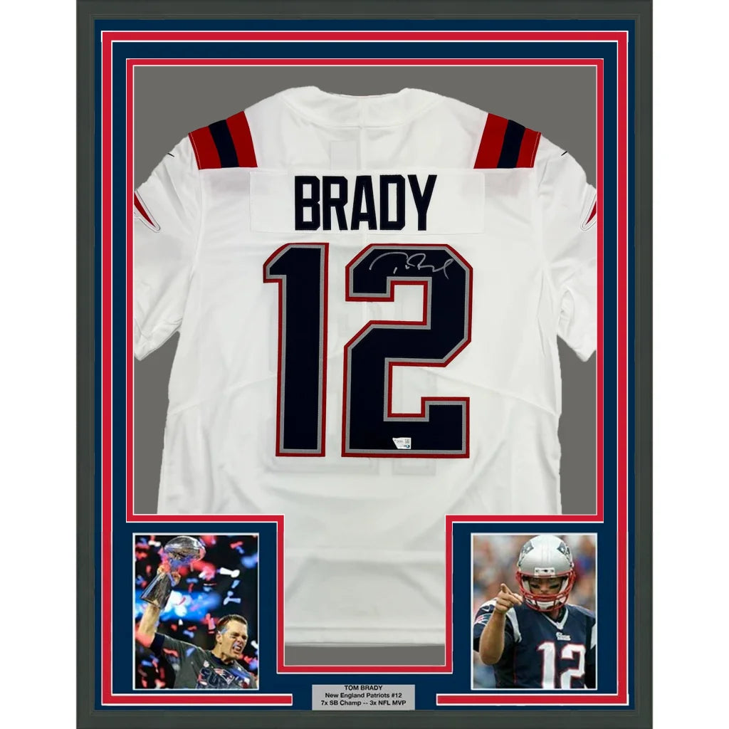 Authentic Nike Limited Tom Brady framed jersey for man cave display with inset photos and plaque