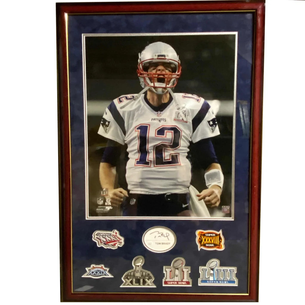 Framed Tom Brady New England Patriots Signature Cut Index Card Super Bowl Patches JSA COA/LOA | Hall of Fame Sports Memorabilia | vintageantiquesgifts.com