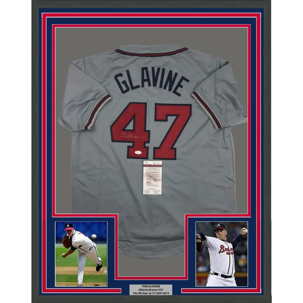 Framed and autographed Tom Glavine Atlanta Braves jersey with photos and plaque