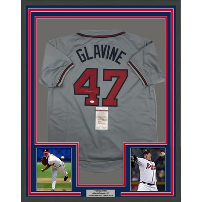 Framed and autographed Tom Glavine Atlanta Braves jersey with photos and plaque