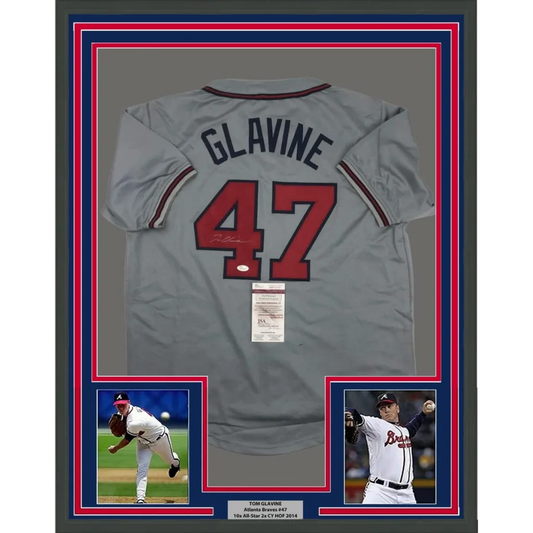 Framed and autographed Tom Glavine Atlanta Braves jersey with photos and plaque