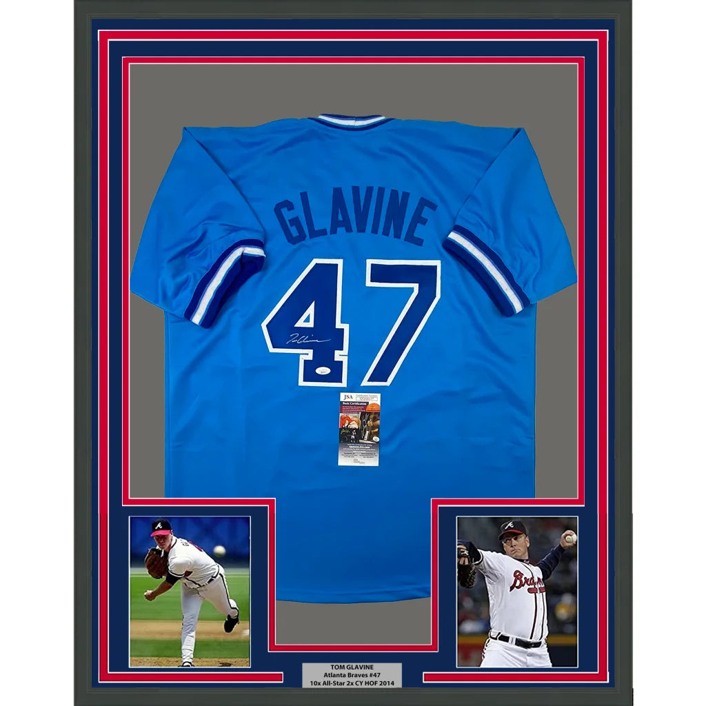 Framed autographed Blue Baseball Jersey with player photos and nameplate ready to display