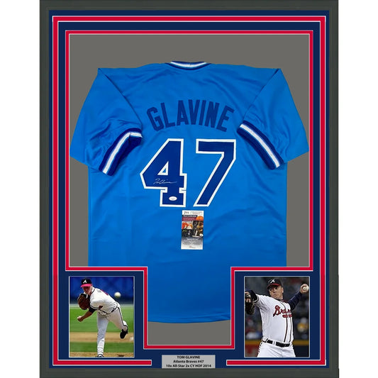 Framed autographed Blue Baseball Jersey with player photos and nameplate ready to display