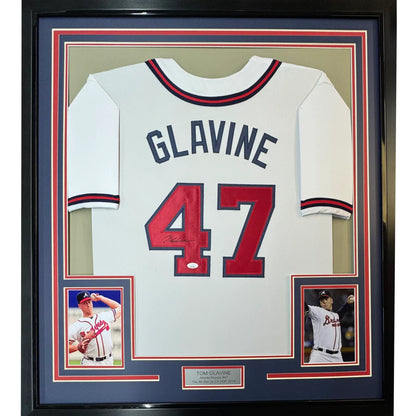 Framed Autographed Tom Glavine 35x39 Atlanta White Baseball Jersey JSA COA | Hall of Fame Sports Memorabilia | vintageantiquesgifts.com