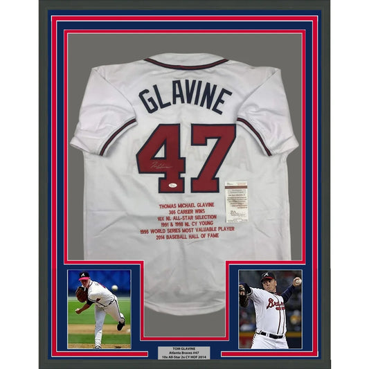Framed Autographed Tom Glavine 35x39 Atlanta White Stat Baseball Jersey JSA COA | Hall of Fame Sports Memorabilia | vintageantiquesgifts.com
