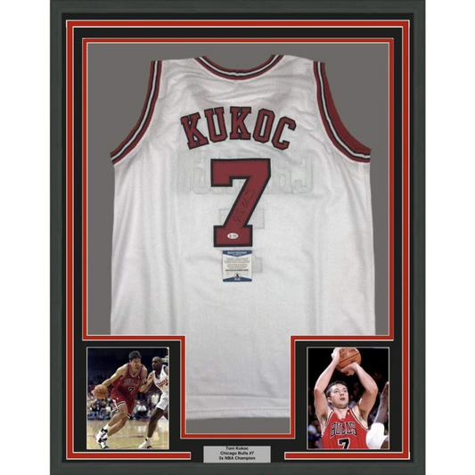 Framed Autographed Toni Kukoc 35x39 Chicago White Basketball Jersey Beckett BAS COA | Hall of Fame Sports Memorabilia | vintageantiquesgifts.com