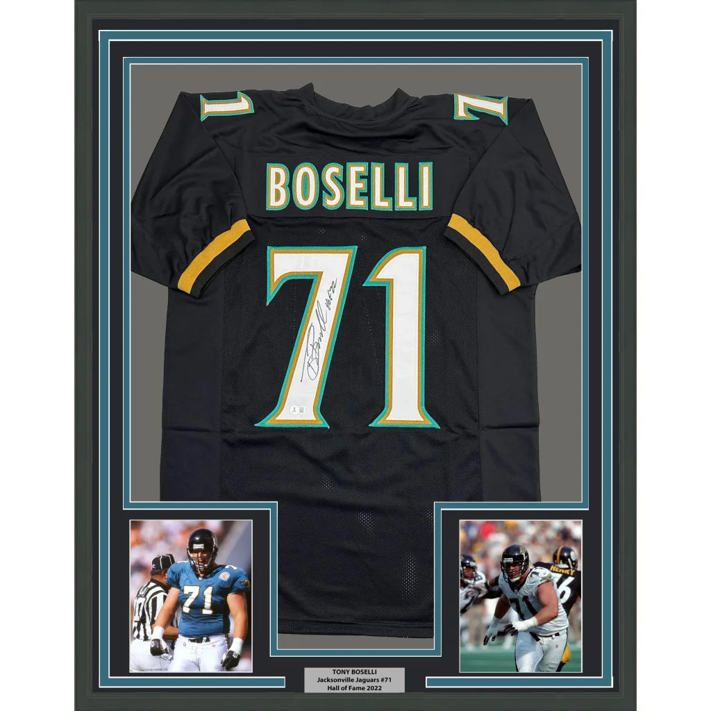 Framed Autographed Tony Boselli 35x39 HOF 22 Jacksonville Black Football Jersey Beckett BAS COA | Hall of Fame Sports Memorabilia | vintageantiquesgifts.com