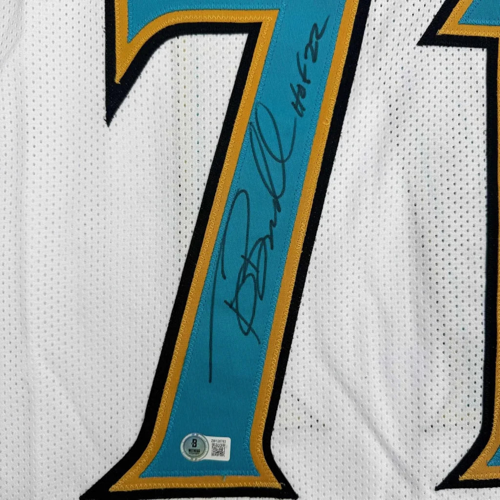 Framed Autographed Tony Boselli 35x39 HOF 22 Jacksonville White Football Jersey Beckett BAS COA | Certified Authentic Signed Memorabilia | vintageantiquesgifts.com