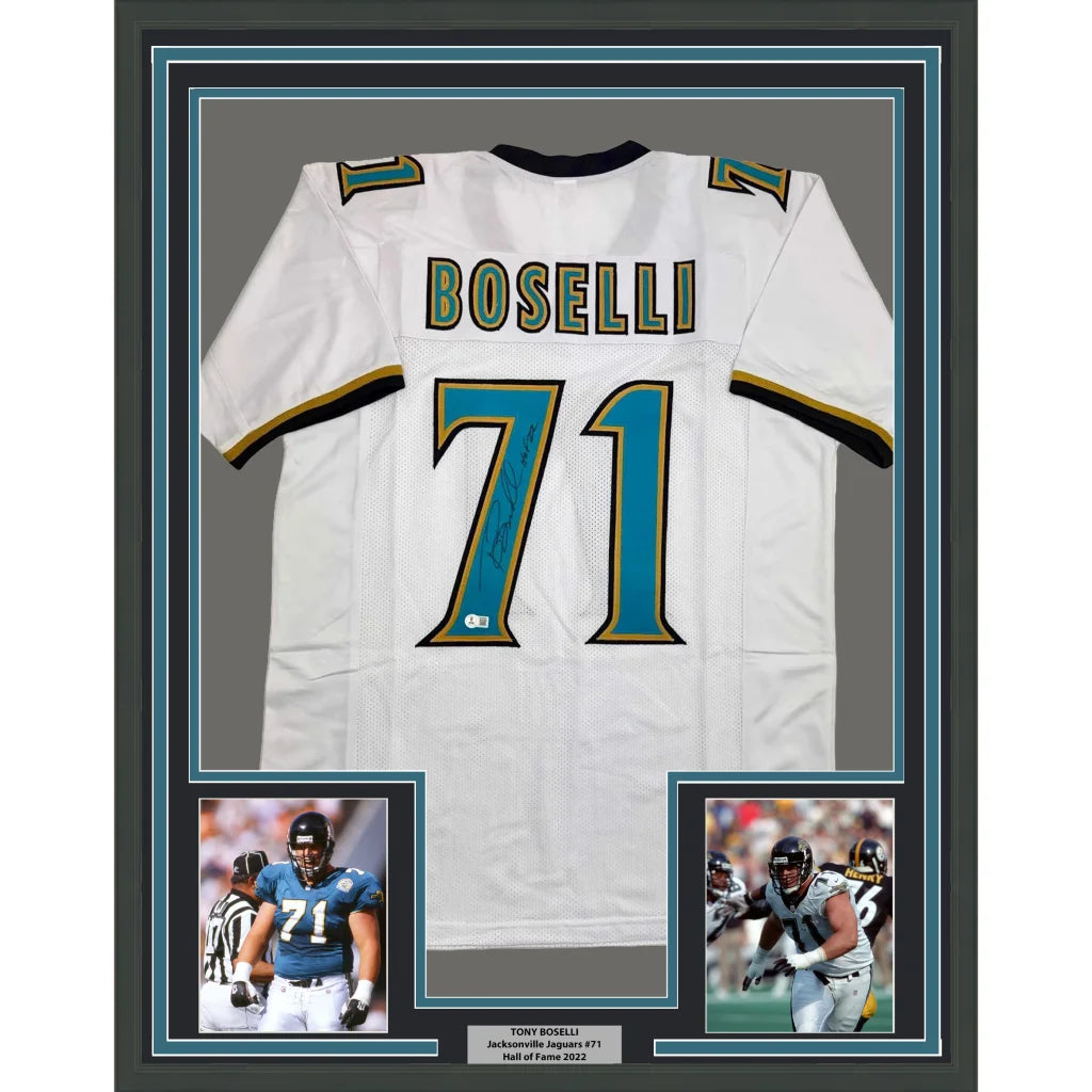 Framed Autographed Tony Boselli 35x39 HOF 22 Jacksonville White Football Jersey Beckett BAS COA | Hall of Fame Sports Memorabilia | vintageantiquesgifts.com