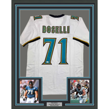 Framed Autographed Tony Boselli 35x39 HOF 22 Jacksonville White Football Jersey Beckett BAS COA | Hall of Fame Sports Memorabilia | vintageantiquesgifts.com
