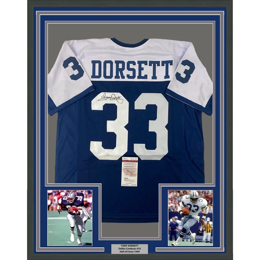 Framed autographed Tony Dorsett Dallas Cowboys jersey with JSA COA