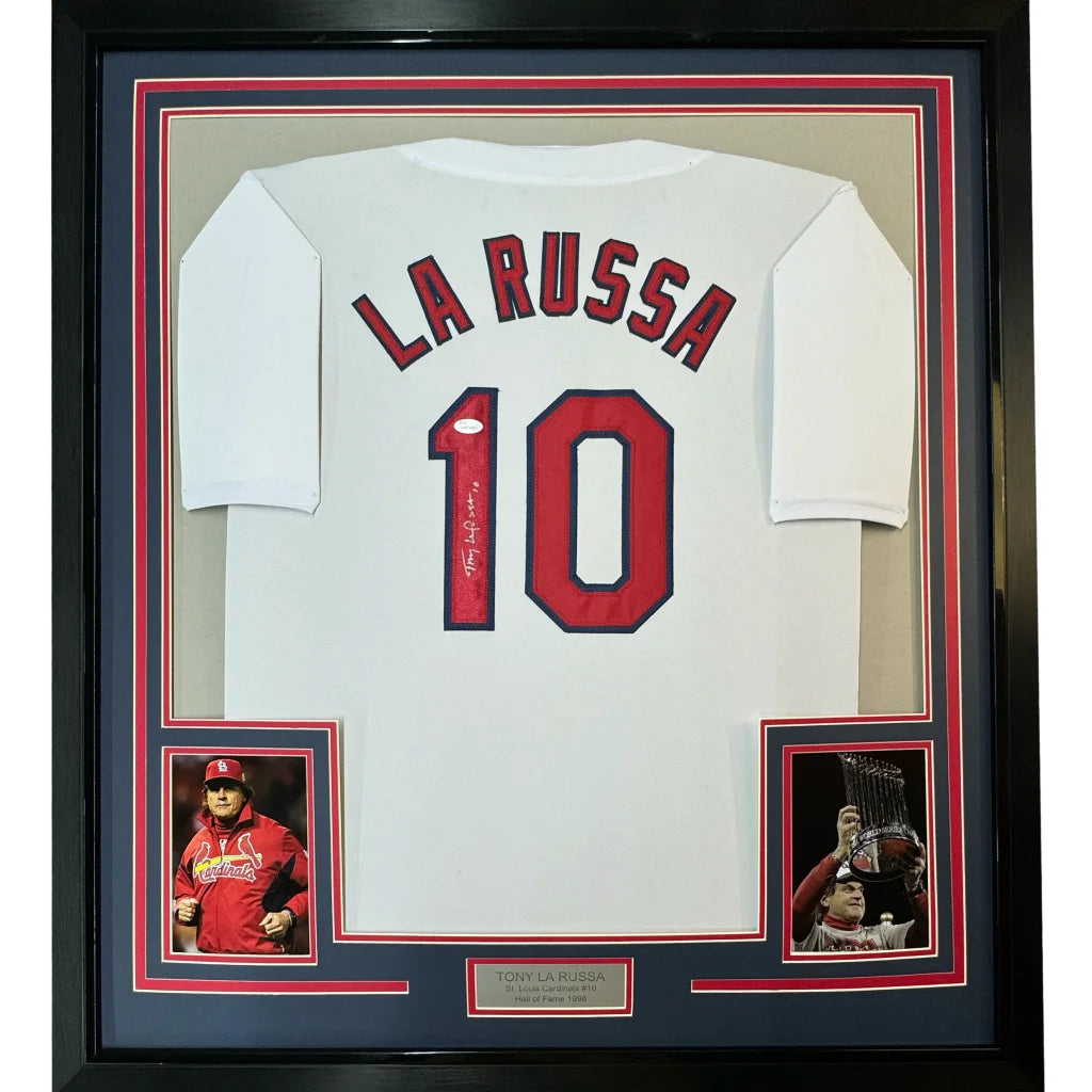 Framed Autographed Tony La Russa 35x39 St. Louis White Baseball Jersey JSA COA | Hall of Fame Sports Memorabilia | vintageantiquesgifts.com