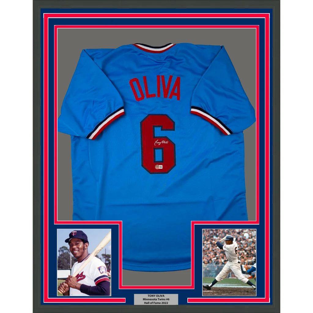Framed light blue Baseball Jersey with red lettering, player photos, and a nameplate