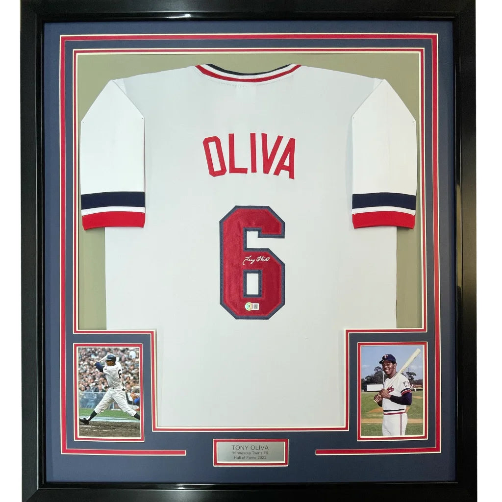 Framed autographed Tony Oliva white Minnesota baseball jersey with number 6