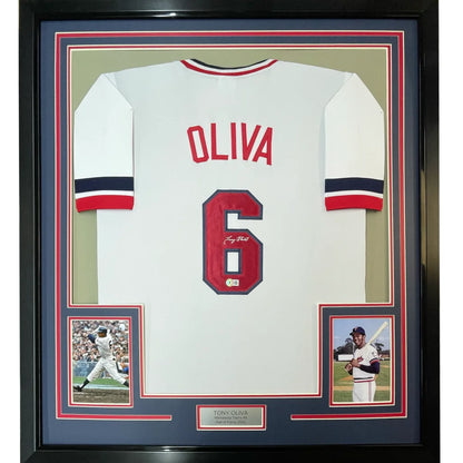 Framed autographed Tony Oliva white Minnesota baseball jersey with number 6