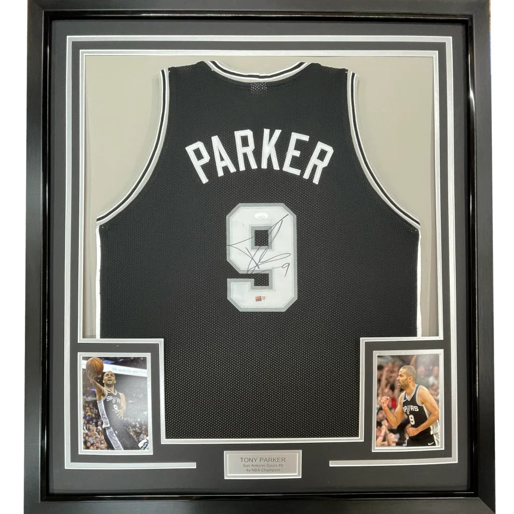 Framed Tony Parker signed Spurs jersey with action shots ready to hang