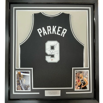Framed Tony Parker signed Spurs jersey with action shots ready to hang