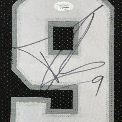 Black and white Tony Parker Spurs jersey with black ink autograph ready to hang