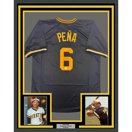 Framed Autographed Tony Pena 35x39 Pittsburgh Black Baseball Jersey JSA COA | Hall of Fame Sports Memorabilia | vintageantiquesgifts.com