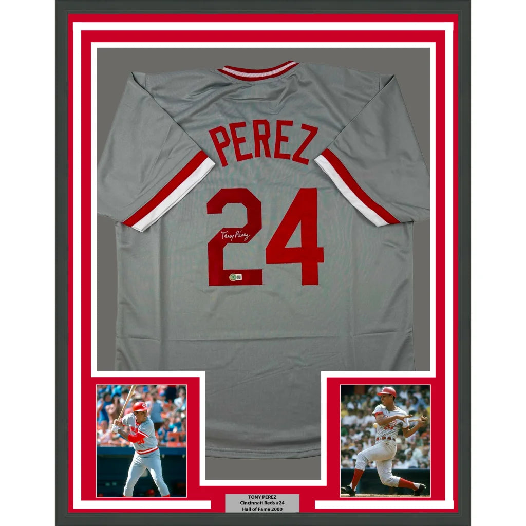Framed autographed Tony Perez gray Cincinnati baseball jersey with Perez 24 on back
