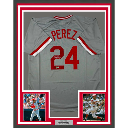 Framed autographed Tony Perez gray Cincinnati baseball jersey with Perez 24 on back