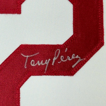 Framed Autographed Tony Perez 35x39 Cincinnati White Baseball Jersey Beckett BAS COA | Certified Authentic Signed Memorabilia | vintageantiquesgifts.com