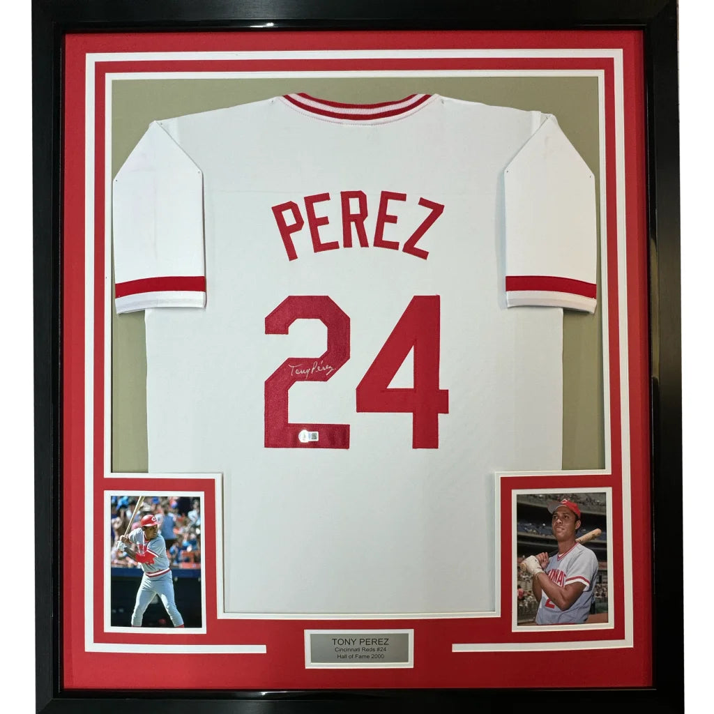 Framed Autographed Tony Perez 35x39 Cincinnati White Baseball Jersey Beckett BAS COA | Hall of Fame Sports Memorabilia | vintageantiquesgifts.com