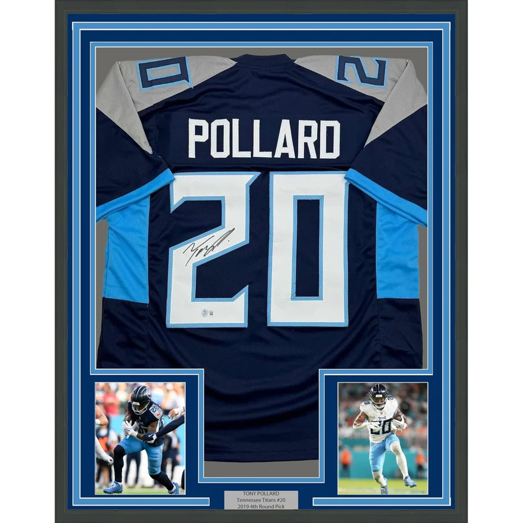Professionally framed Tennessee blue football jersey with Tony Pollard autograph and photos