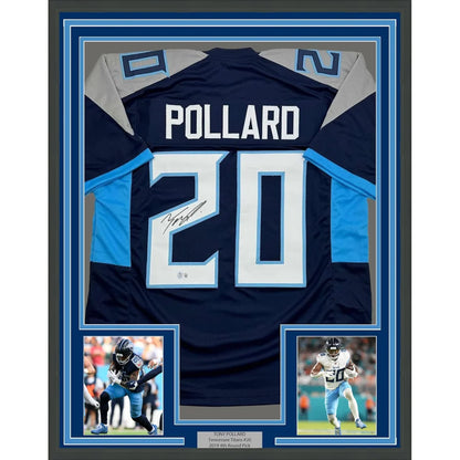 Professionally framed Tennessee blue football jersey with Tony Pollard autograph and photos