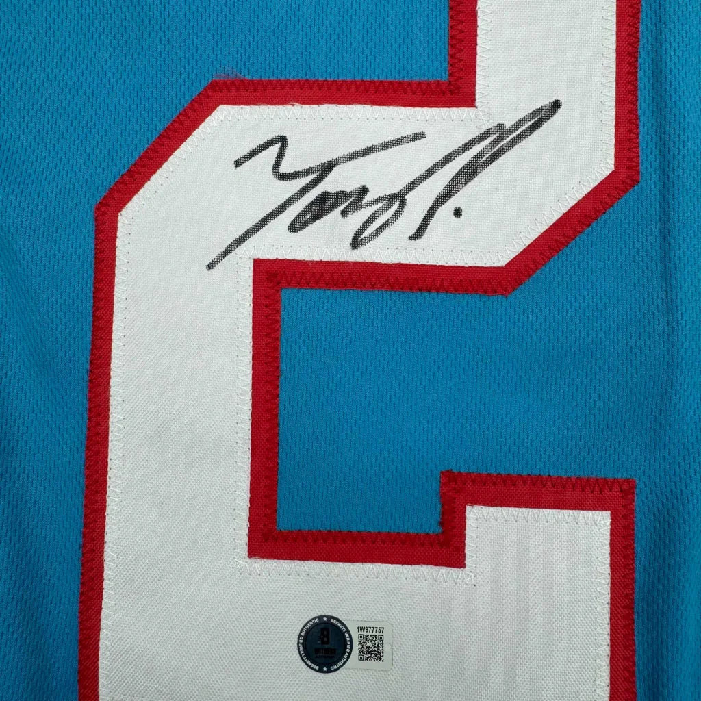 Framed autographed Tony Pollard Tennessee retro blue football jersey with number 6 patch, Beckett BAS COA