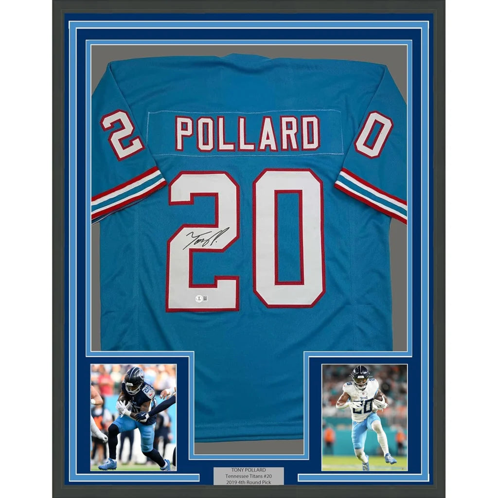Framed autographed Tony Pollard Tennessee Titans blue jersey, #20