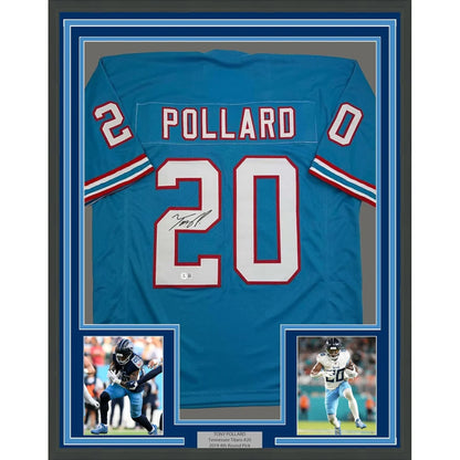 Framed autographed Tony Pollard Tennessee Titans blue jersey, #20
