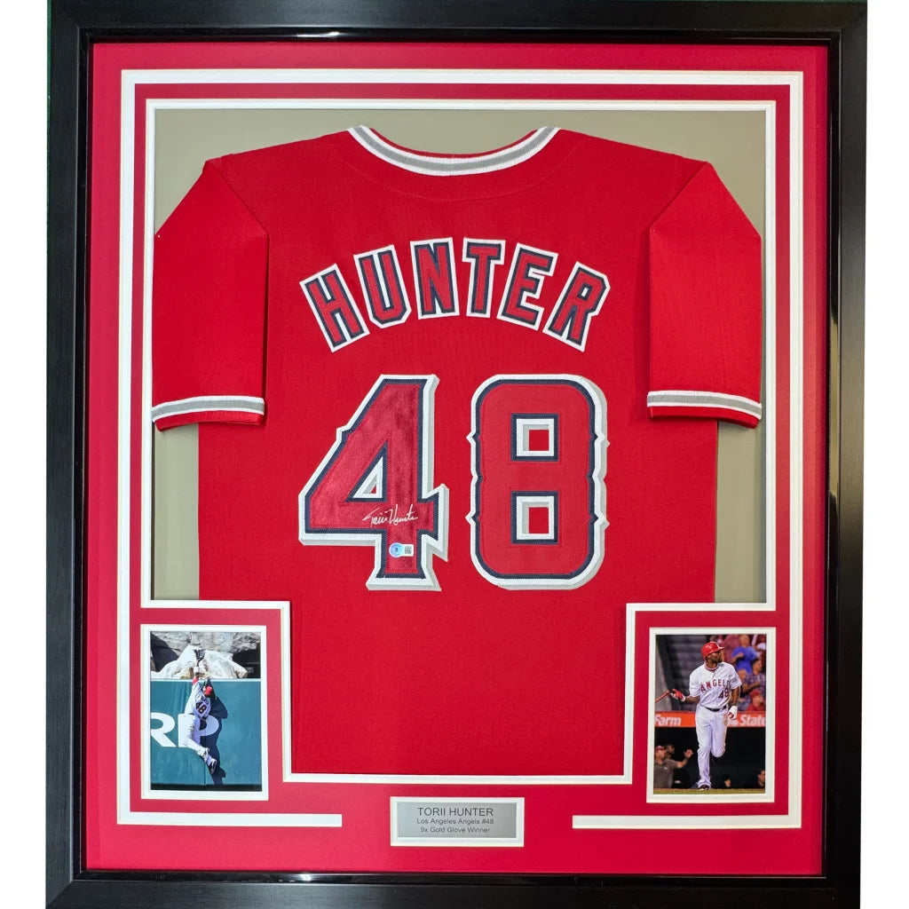 Framed Autographed Torii Hunter 35x39 Los Angeles Anaheim Red Baseball Jersey Beckett BAS COA | Hall of Fame Sports Memorabilia | vintageantiquesgifts.com