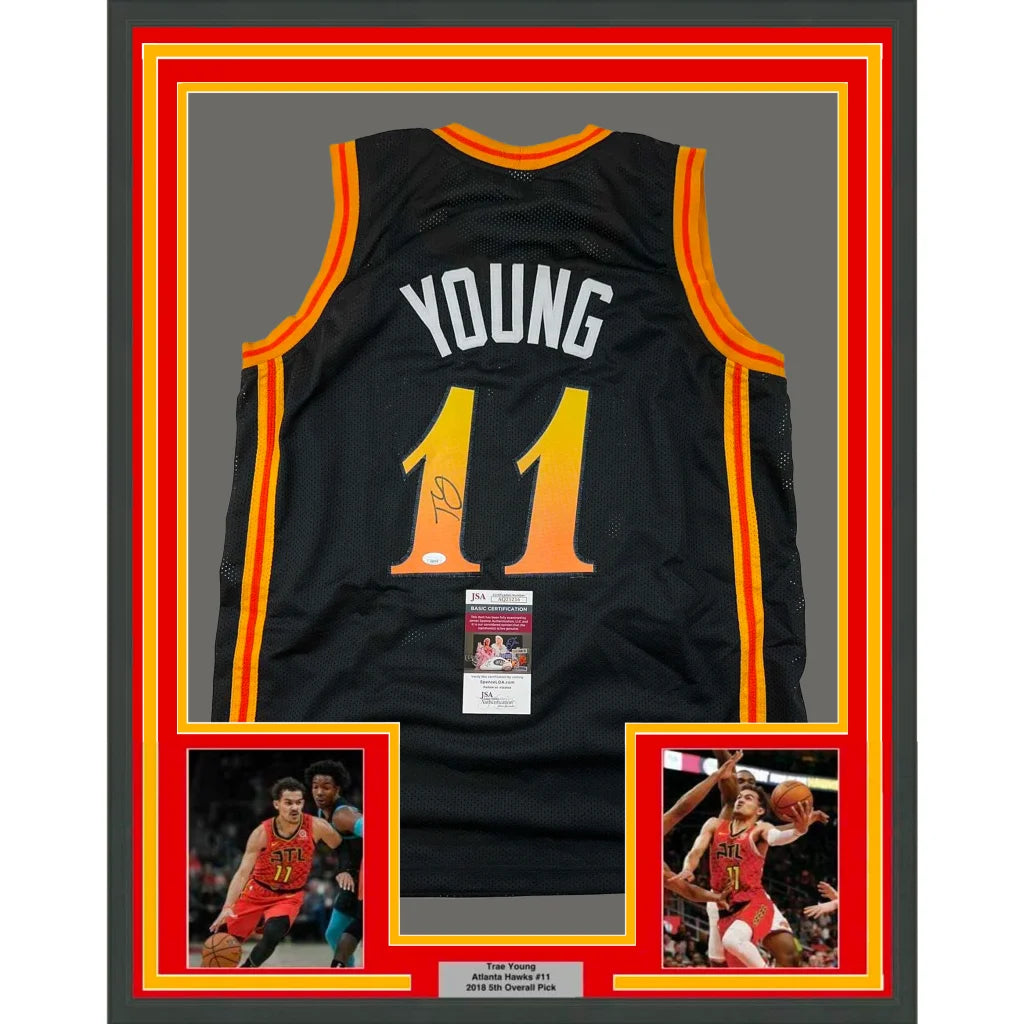 Trae Young Black City Edition framed jersey with autographs for your man cave decor