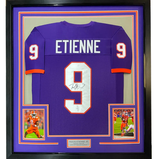 Framed Autographed Travis Etienne Jr. 35x39 Clemson Purple College Football Jersey JSA COA | Hall of Fame Sports Memorabilia | vintageantiquesgifts.com