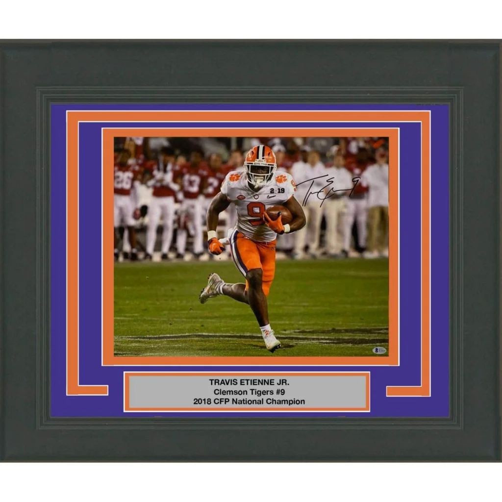 Framed Autographed Travis Etienne Jr Clemson Tigers 16x20 College Football Photo Beckett BAS COA #2 | Hall of Fame Sports Memorabilia | vintageantiquesgifts.com