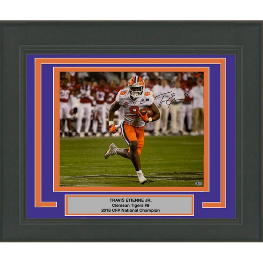 Framed Autographed Travis Etienne Jr Clemson Tigers 16x20 College Football Photo Beckett BAS COA #2 | Hall of Fame Sports Memorabilia | vintageantiquesgifts.com