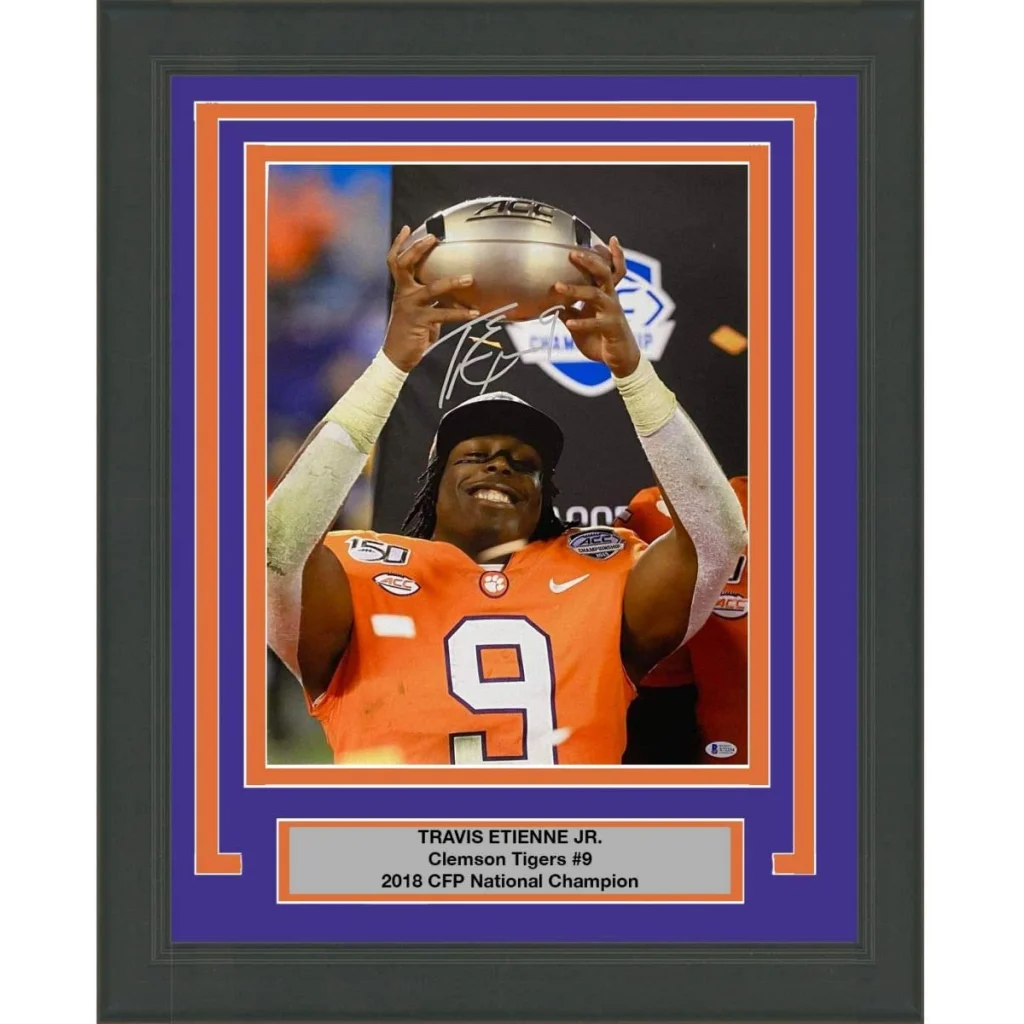 Framed signed Travis Etienne Jr. Clemson Tigers 16x20 photo with BAS COA