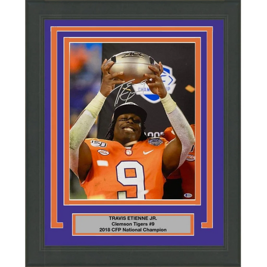 Framed Autographed Travis Etienne Jr Clemson Tigers 16x20 College Football Photo Beckett BAS COA #1 | Hall of Fame Sports Memorabilia | vintageantiquesgifts.com