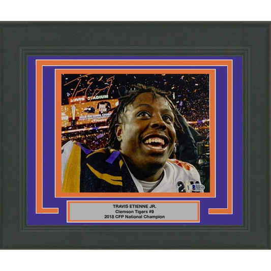 Framed Autographed Travis Etienne Jr Clemson Tigers 8x10 College Football Photo Beckett BAS COA #1 | Hall of Fame Sports Memorabilia | vintageantiquesgifts.com