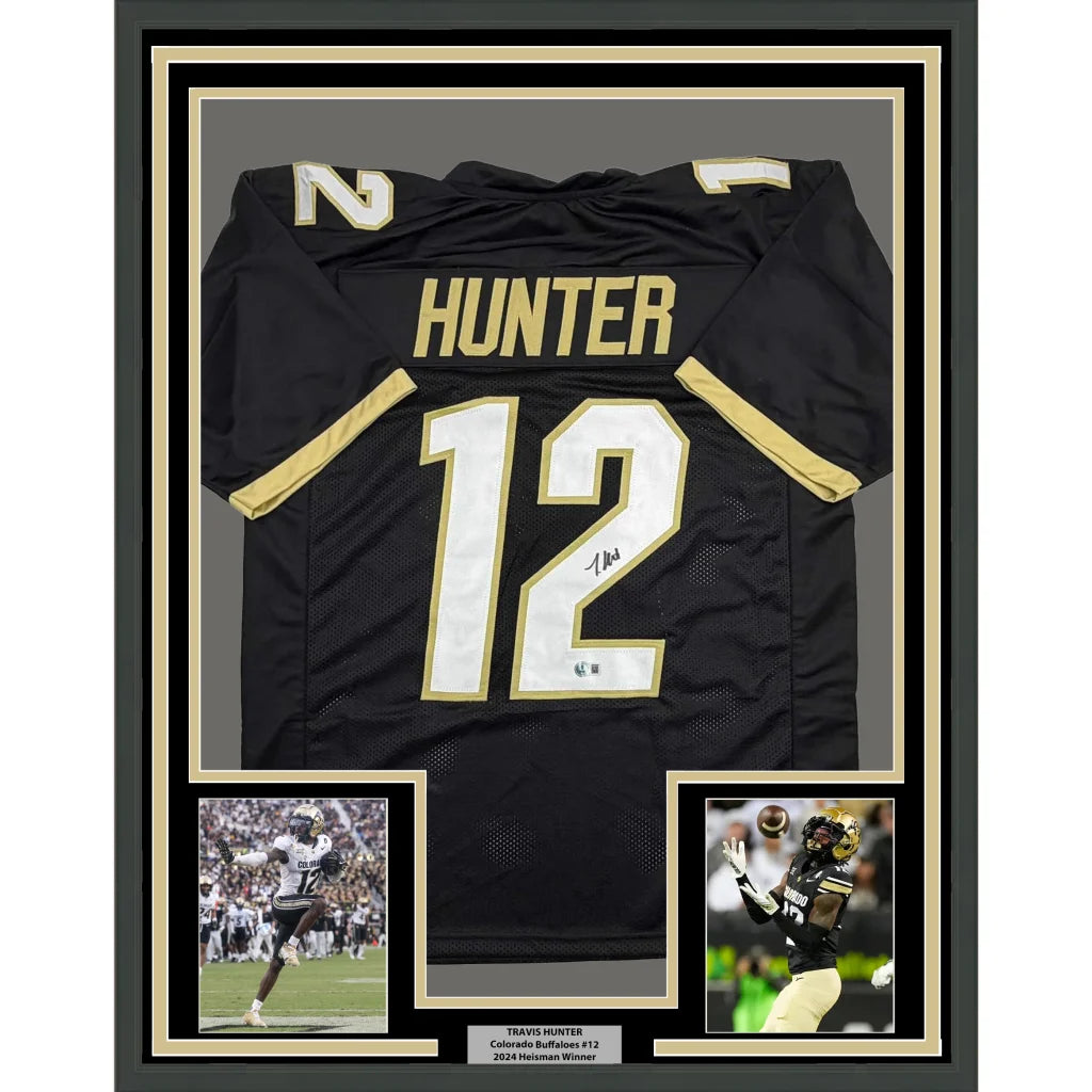 Back of framed autographed Travis Hunter Colorado Buffaloes black jersey #12