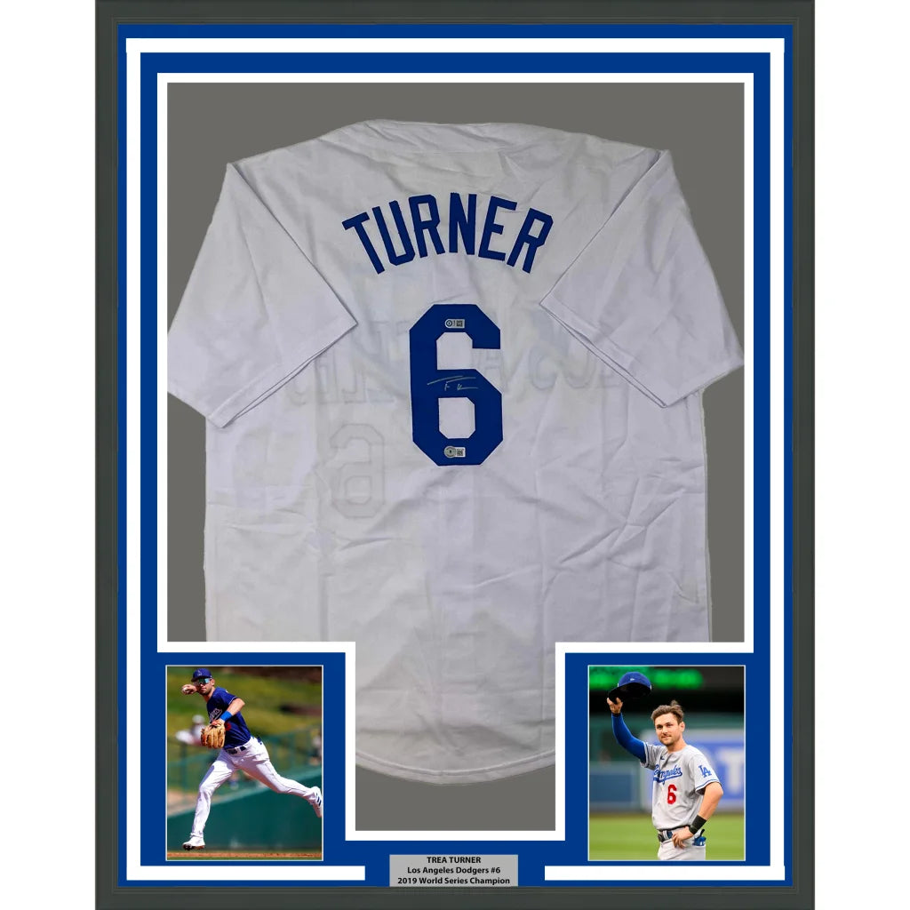 Framed autographed Trea Turner white LA Dodgers jersey with JSA sticker