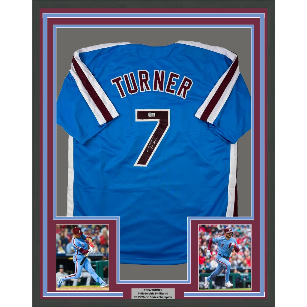 Framed Autographed Trea Turner 35x39 Philadelphia Blue Retro Baseball Jersey Beckett BAS COA | Hall of Fame Sports Memorabilia | vintageantiquesgifts.com