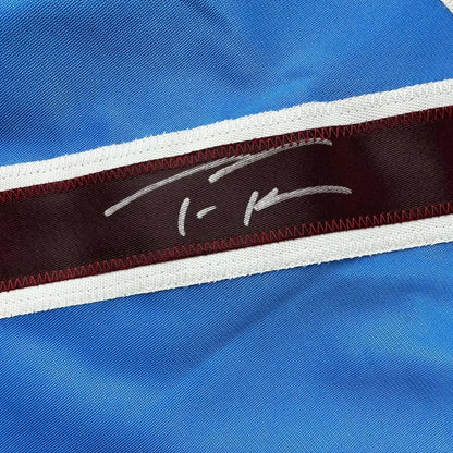 Blue fabric with dark red and white stripes, signed in white, for framed autographed jersey
