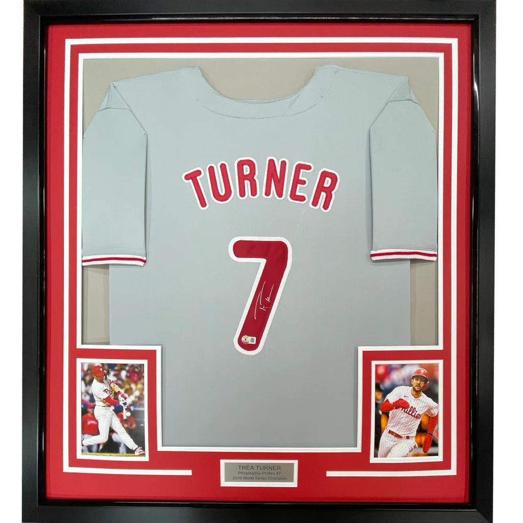 Framed autographed Trea Turner gray Phillies jersey with red Turner 7 and signature, Beckett COA