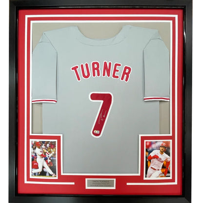Framed autographed Trea Turner gray Phillies jersey with red Turner 7 and signature, Beckett COA