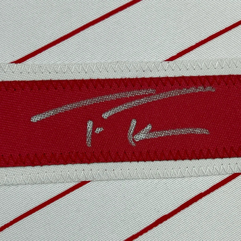 Red and white striped fabric with silver embroidery on Trea Turner signed jersey display 35x39 inches
