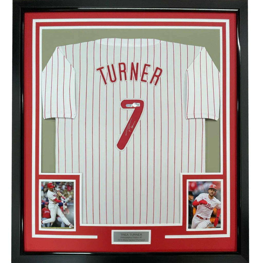 Framed Autographed Trea Turner 35x39 Philadelphia Pinstripe Baseball Jersey Beckett BAS COA | Hall of Fame Sports Memorabilia | vintageantiquesgifts.com